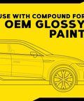 Illustration of car with text highlighting use of DA 5 Inch Microfiber Cutting Disc Set For Dual Action Polisher on OEM glossy paint.