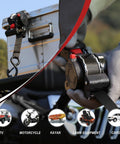 Four Pack Heavy Duty Retractable Ratchet Straps 1 Inch By 12 Feet With 1500 Pound Break Strength Auto Self Retracting Tie Downs S Hook With Safety Clips For Trucks Cargo ATV And Motorcycle, in use on a metal cargo box and motorbike with gear focus.