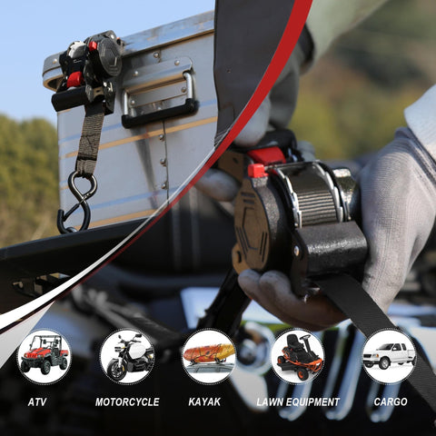 Four Pack Heavy Duty Retractable Ratchet Straps 1 Inch By 12 Feet With 1500 Pound Break Strength Auto Self Retracting Tie Downs S Hook With Safety Clips For Trucks Cargo ATV And Motorcycle, in use on a metal cargo box and motorbike with gear focus.