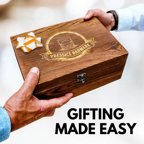 Hands exchanging wooden box for Ice Press Kit For Craft Cocktails To Level Up Your Home Bar With 2.3 Inch Sphere Ice Maker