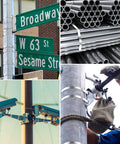 Heavy Duty 48 Inch Stainless Steel Zip Ties securing traffic signs and camera, pipes stacked, and outdoor installation.