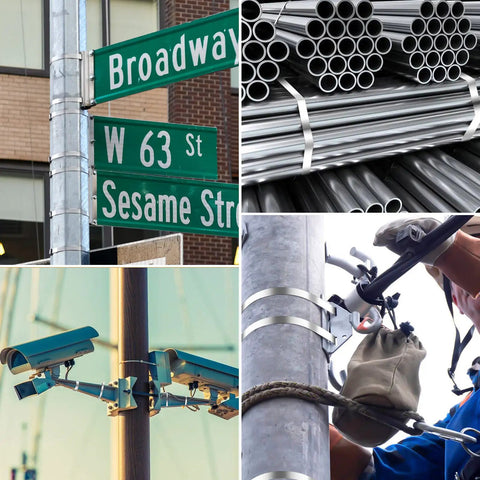 Heavy Duty 48 Inch Stainless Steel Zip Ties securing traffic signs and camera, pipes stacked, and outdoor installation.