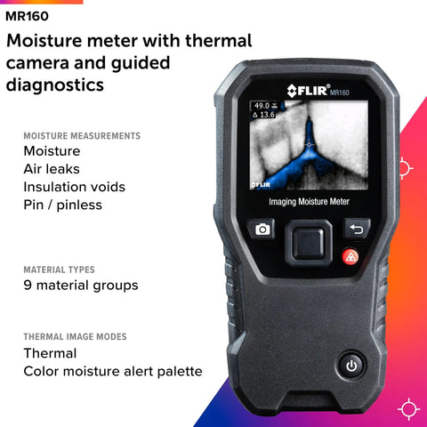 MR160 Imaging Moisture Meter with IGM Tech displayed, showing thermal imaging and moisture detection modes on screen.
