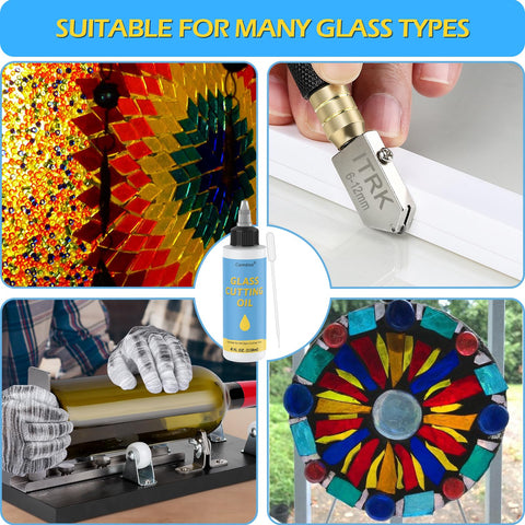 Precision Glass Cutting Oil With Easy Apply Top For Glass Cutters And Tools 4 Oz Pro Grade Lubricant shown with various cutting and stained glass
