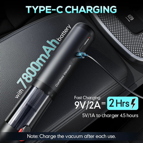 Handheld Cordless Car Vacuum With 21000 Pa Suction Power for Quick Cleanups showing type-C charging feature and 7800mAh battery