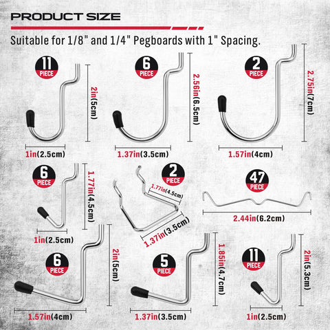 Heavy Duty 121 Piece Pegboard Hook Set With Chrome Metal Hooks Durable Pegboard Organizer Kit showing various hook sizes.