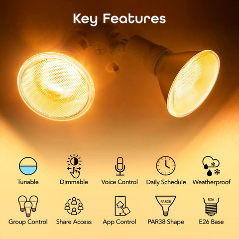 Outdoor Smart Floodlight For Your Porch 2700K To 6500K Dimmable LED Bulb 11W 1000 Lumens E26 PAR38 WiFi Enabled Works With Alexa And Google Assistant No Hub Needed Easy Setup features
