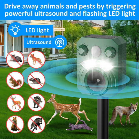 Solar Powered Outdoor Animal Repeller 2 Pack Ultrasonic Pest Deterrent With Motion Sensor And Flashing Light Waterproof Design Usb Charging Dual Power For Your Yard Guard Against Cats Deer Dogs Squirrels Easy Install Green mounted in a garden