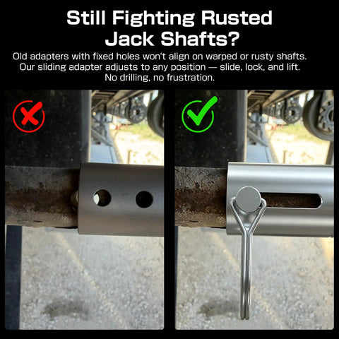 Heavy Duty Trailer Jack Drill Adapter For 1 Inch Drive Shaft Beefy Stainless Steel Quick Change Tool shown adjusting to rusty jack shaft.