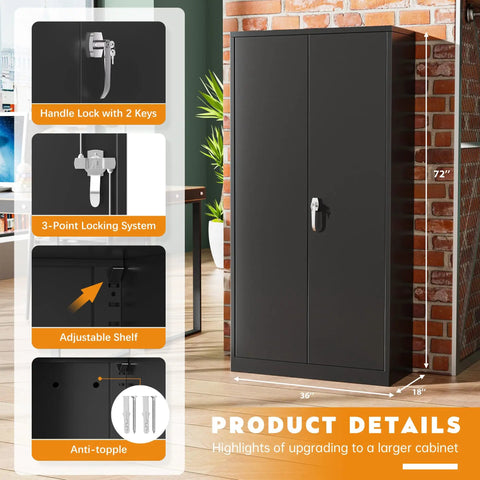 72 Inch Locking Steel Storage Cabinet With Four Adjustable Shelves And Two Doors, Black, in a home garage setting