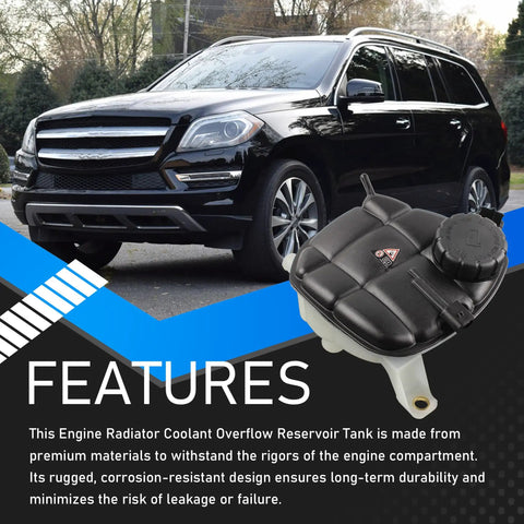Mercedes Benz Compatible Coolant Overflow Reservoir With Sensor Cap For 2006 2015 GL And ML SUVs alongside a black SUV.