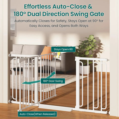 Extra Wide Walk Through Baby And Dog Gate Auto Close Dual Lock White Safety Barrier shown in 180° dual direction swing setup.
