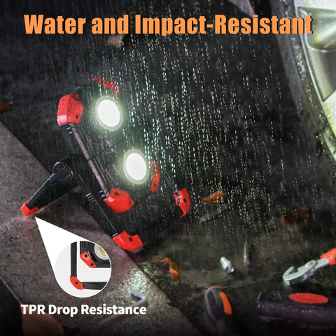 Rechargeable LED Work Light Two Pack With 2500 Lm Dual COBs Folding Portable Flood Light in rain, showcasing water resistance