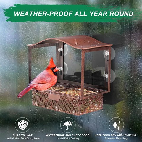 Metal Window Bird Feeder with Wide Viewing Window and Ultra Strong Suction Cups; Waterproof Outdoor Bird Feeder Installed on Glass