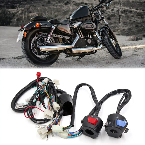 Motorcycle Main Wiring Harness With Right And Left Handlebar Switch Kit For WY125 Durable Plastic Metal Rubber Construction Seven Eighths Inch Handlebar Fit Black And Red No Fuss Install Weatherproof Electrical Cable Assembly