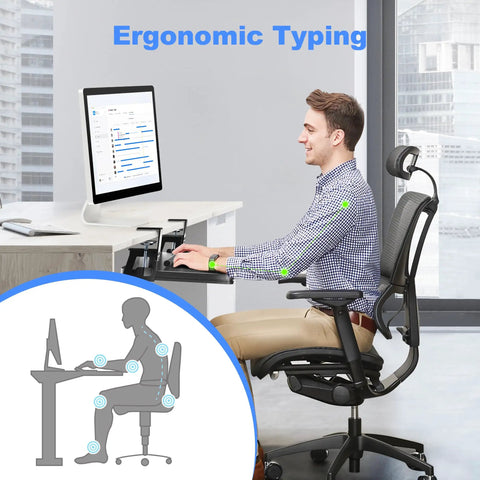 Man using Under Desk Keyboard Tray With Heavy Duty C Clamp Extra Large 30 Inch Total Length 25.6 By 11.8 Inch Slide Out Keyboard