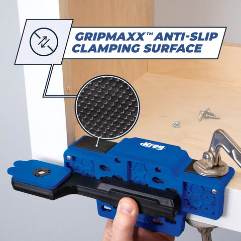 Cabinet Door Mounting Jig For Frameless And Face Frame Cabinets with Gripmaxx anti-slip surface in use close-up.