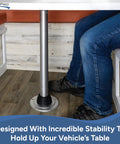Heavy Duty RV Removable Table Leg Kit 28.5 Inch Aluminum Support Post Chrome Finish installed with stability at a camper's table.