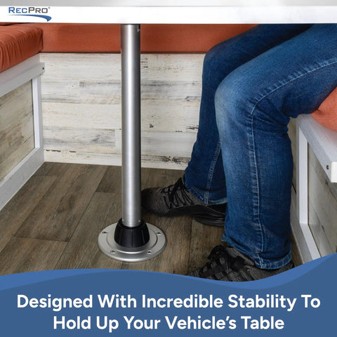 Heavy Duty RV Removable Table Leg Kit 28.5 Inch Aluminum Support Post Chrome Finish installed with stability at a camper's table.