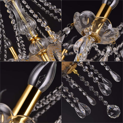 Detail of Crystal Gold Candle Chandelier Pendant Light Fixture With 12 Lights showing gold accents and crystal design