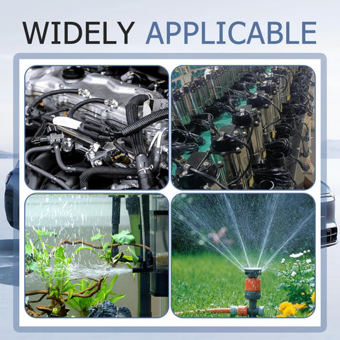 Collage showing 16.4 Ft Cuttable Silicone Vacuum Hose used in automotive, machinery, aquarium, and irrigation settings.