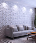 Living room with 33 Pack 3D Wall Panels PVC Textured White 12x12 Inches Interior Wall Decor Covering 32 Sq Ft Easy DIY Install