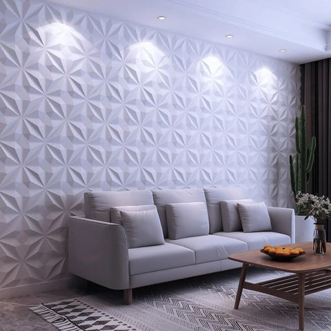 Living room with 33 Pack 3D Wall Panels PVC Textured White 12x12 Inches Interior Wall Decor Covering 32 Sq Ft Easy DIY Install