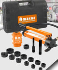 Heavy Duty 8 Ton Hydraulic Knockout Punch Driver Kit With One Half Inch To Two Inch Dies Electrical Conduit Hole Cutter Set Six Die Punches Included Pro Grade KO Tool Fast Clean Holes Durable Pump No Leak Easy Operation with carry case, pump, six dies, and handle displayed in professional kit setup.