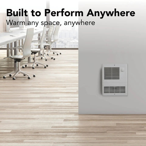 High Capacity Wall Heater With Built In Adjustable Thermostat 1500W 120 240V White installed in modern office space.