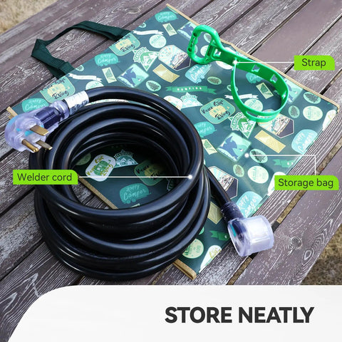 Heavy Duty 20 Foot Welder Extension Cord With 8 AWG Copper 250V NEMA 6 50 STW Power Indicator ETL Listed shown coiled with bag and strap
