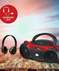 Portable Top-Loading CD Boombox With AM/FM Radio And 3.5mm Line In For MP3 Players, Red And Black, with headphones, on table