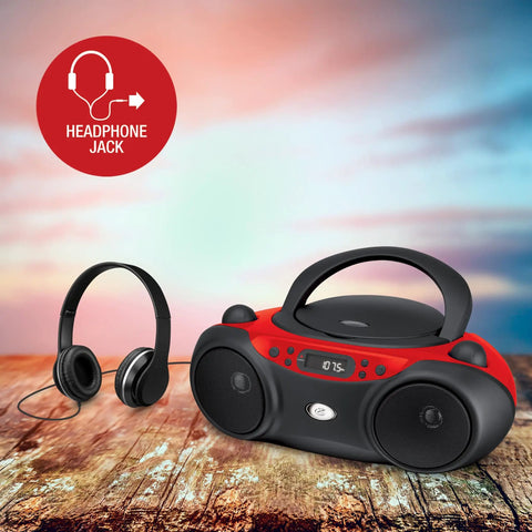 Portable Top-Loading CD Boombox With AM/FM Radio And 3.5mm Line In For MP3 Players, Red And Black, with headphones, on table