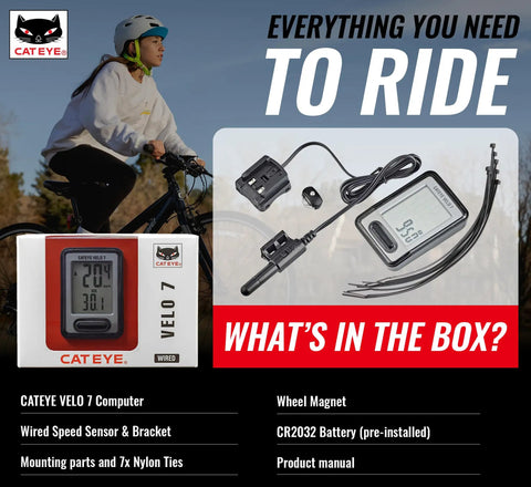 Starter Friendly Wired Bike Computer With Auto Start Stop, includes sensor, magnet, battery, mount, and nylon ties.