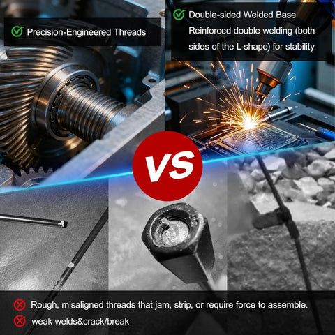 Comparison of precision-engineered threads and double-sided welded base versus rough threads and weak welds.