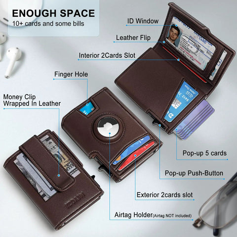 Airtag Wallet For Men With Money Clip And 10 Card Capacity, Slim Metal Case Pop Up Card Holder, shown open with card slots.