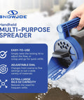 Handheld All Season Spreader For Ice Melt And Yard Care 5 Lb Capacity being used for spreading ice melt on snow-covered ground
