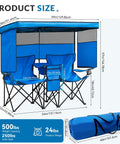 Double Beach Chair With Canopy Shade Built In Cooler Bag And Cup Holders Oversized Folding Loveseat For Outdoor Use 360 Degree Sun Protection With Side Shades Front And Back Flaps For Beach Lawn And Camping