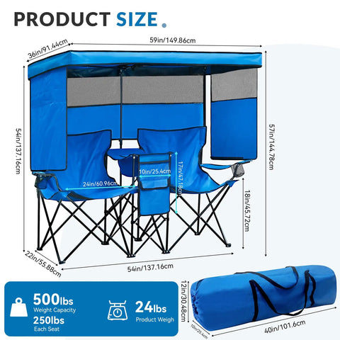 Double Beach Chair With Canopy Shade Built In Cooler Bag And Cup Holders Oversized Folding Loveseat For Outdoor Use 360 Degree Sun Protection With Side Shades Front And Back Flaps For Beach Lawn And Camping