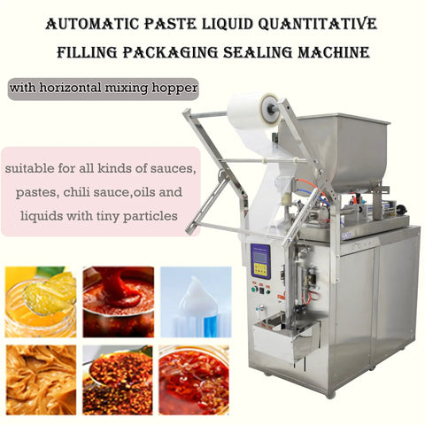 Heavy Duty Stainless Steel Automatic Liquids Filling And Sealer With Horizontal Mixing Hopper for sauces and pastes.