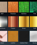 Genmitsu Cubiko CNC router material swatch grid with 12 materials