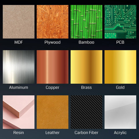 Genmitsu Cubiko CNC router material swatch grid with 12 materials