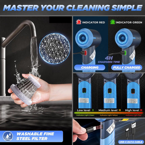 Washable filter and charging indicators of Cordless Portable Car Vacuum Cleaner With 17000 Pa Power 3 In 1 Vacuum Blow Inflate Handheld.