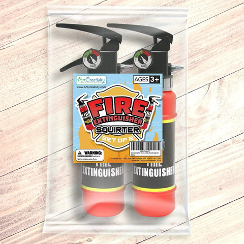 Realistic Nine Inch Fire Extinguisher Squirter Toy Pack Of Two in sealed package, featuring red plastic blasters for kids.