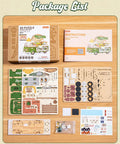 Retro Coffee Truck 3D Wood Puzzle Kit For Adults DIY Model Craft Building Set packaging and components on display
