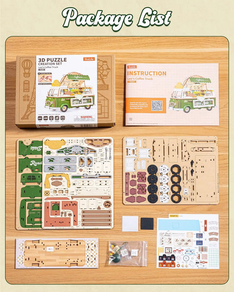 Retro Coffee Truck 3D Wood Puzzle Kit For Adults DIY Model Craft Building Set packaging and components on display