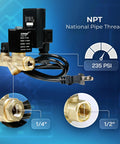Automatic Timed Tank Drain Valve For Air Compressor Half Inch To Quarter Inch NPT 110 To 120 Volt AC 235 PSI with cable.
