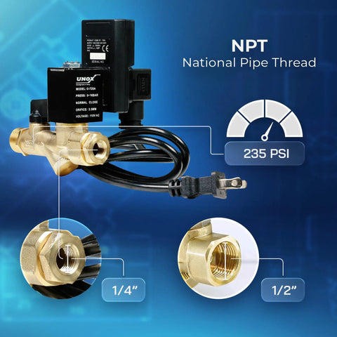 Automatic Timed Tank Drain Valve For Air Compressor Half Inch To Quarter Inch NPT 110 To 120 Volt AC 235 PSI with cable.