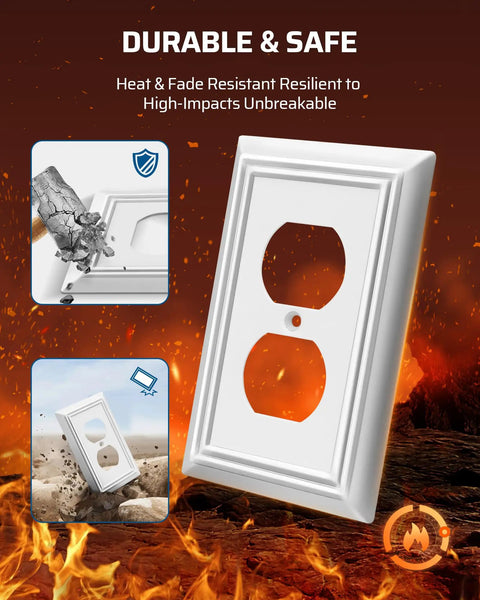 Four Pack White Metal Outlet Covers With Retro Texture showing fire resistance and durability