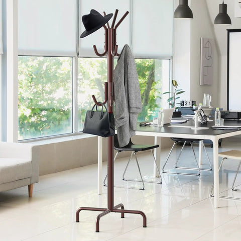 Standing Coat And Hat Rack With 12 Hooks Bronze Finish in modern office space, holding hat, coat, and bag, stable four leg base.