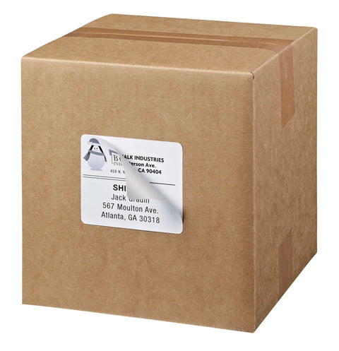 No Fuss Printable Shipping Labels With Buttery Smooth Sure Feed Tech And True Block Coverage That Wipes Out Old Markings For Laser Printers 3X4 Inch White Mailing Sheets Pack 150 Count on a brown shipping box.